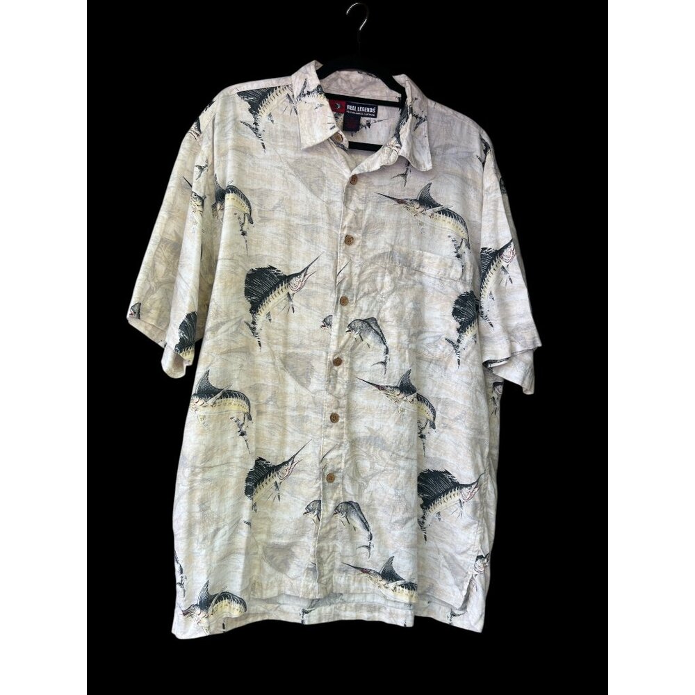 Reel Legends XL Mens Fishing Print Button-Down Shirt  Lightweight 100% Cotton  B